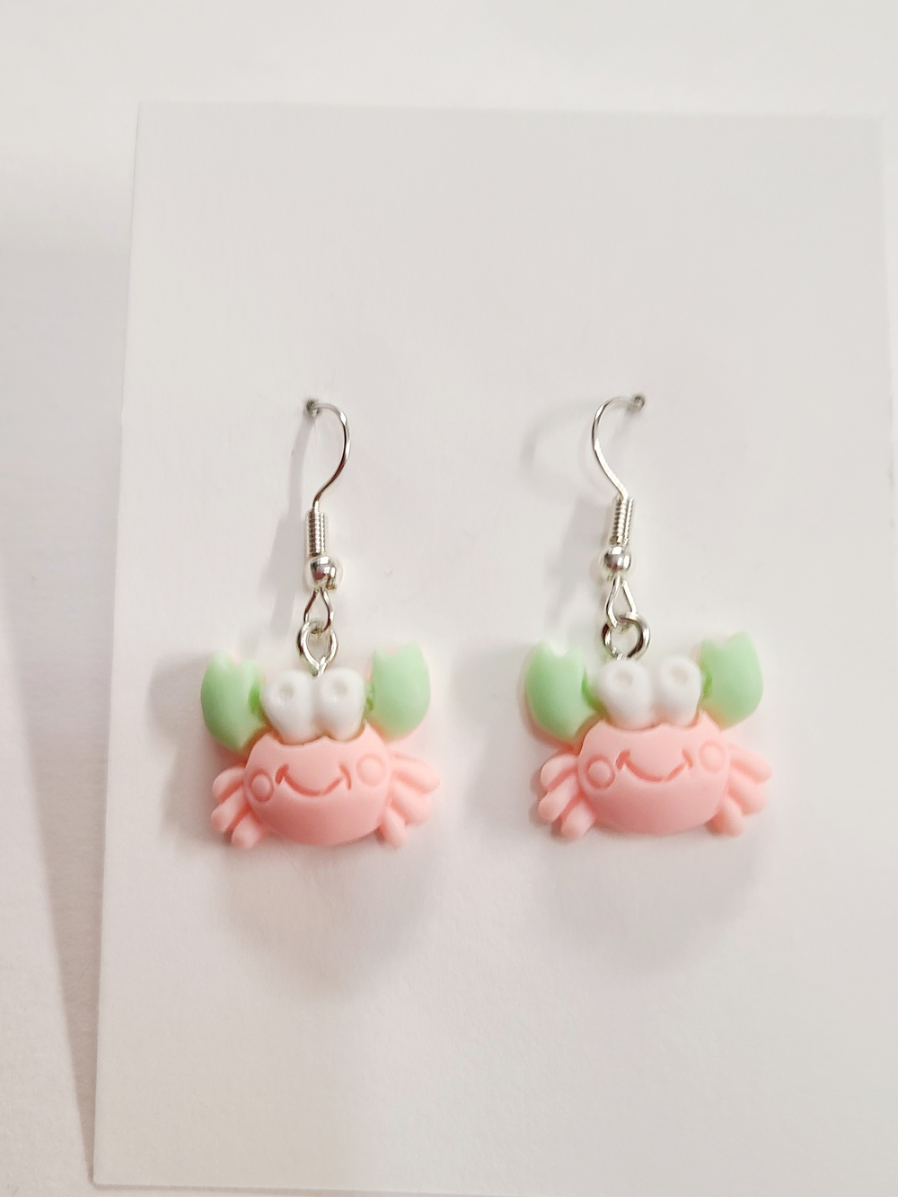 Cute Pink Crab Dangle Earrings with Mint Claws